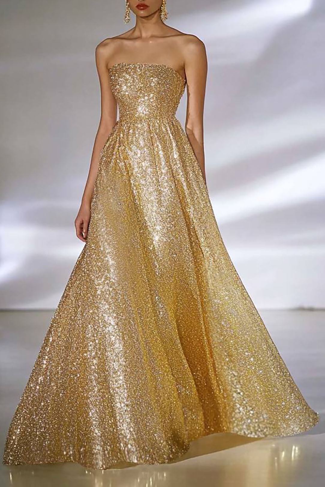 Formal Evening Dress Sequin Strapless Gold Ball Gown Maxi Dress