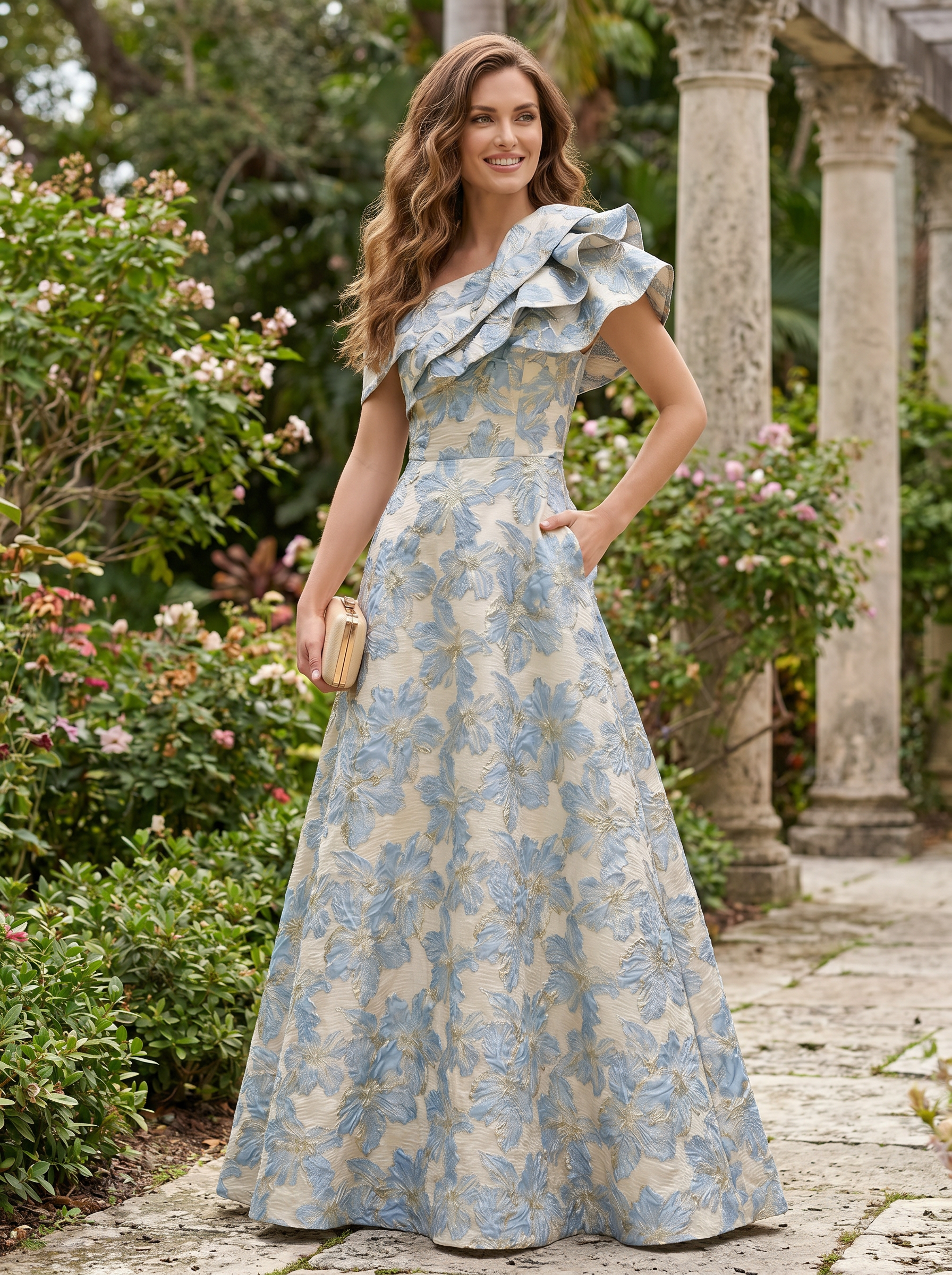 Blue & Beige Floral Jacquard One-Shoulder Ruffle Gown