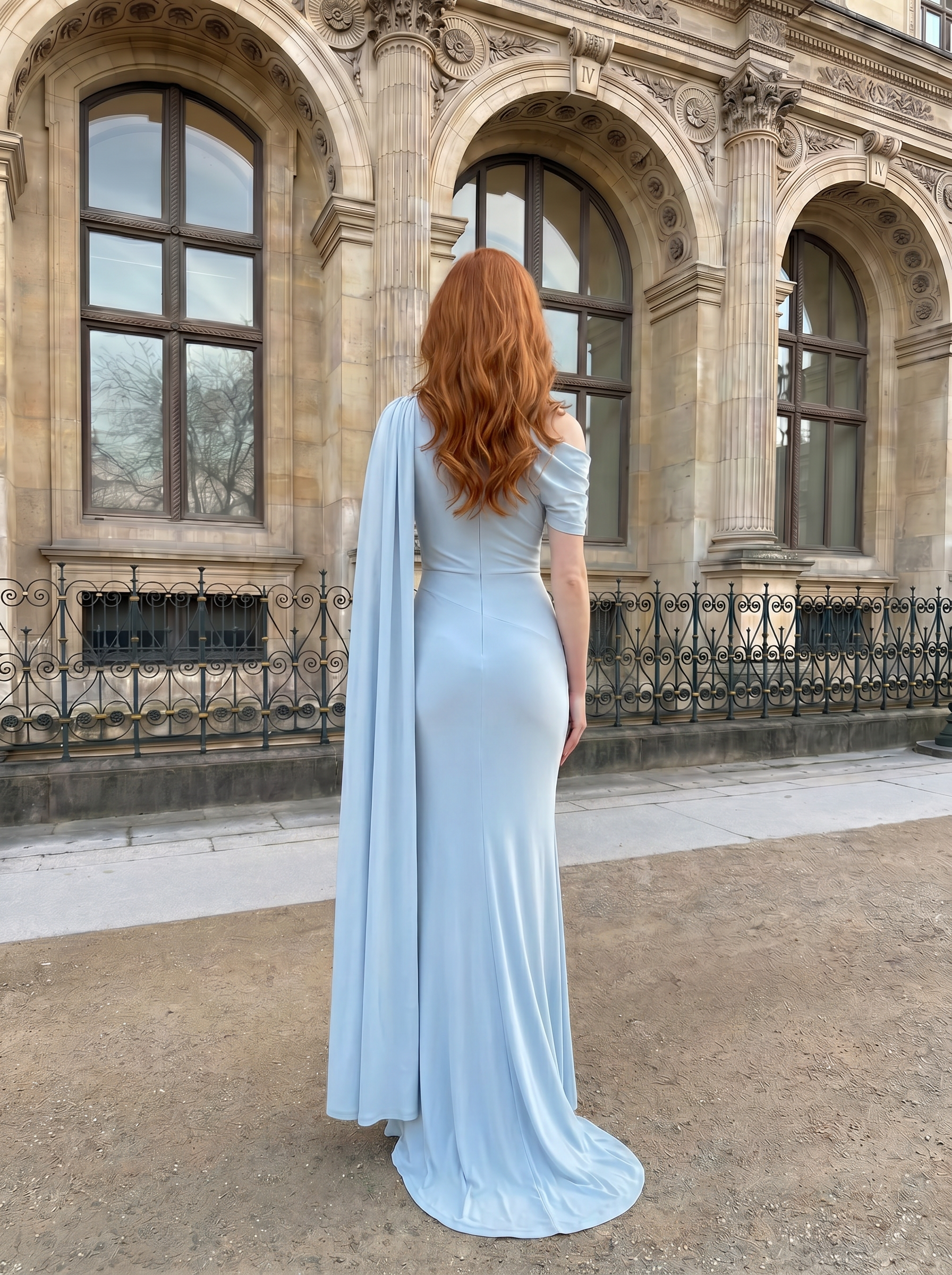 Light Blue One-Shoulder Cape Sleeve Mermaid Gown