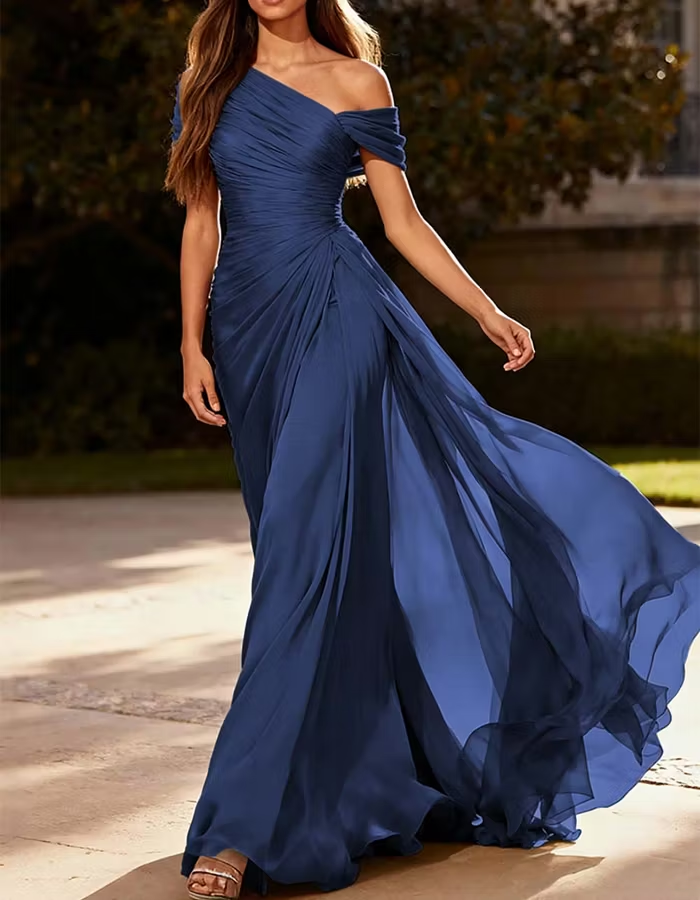 One-Shoulder Pleated Chiffon Maxi Dress