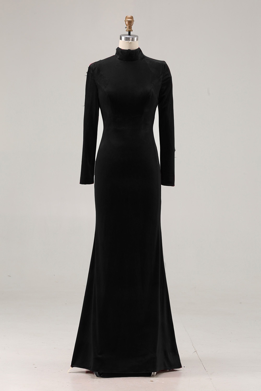 Black Velvet High Neck Sweep Train Formal Dress with Sleeves