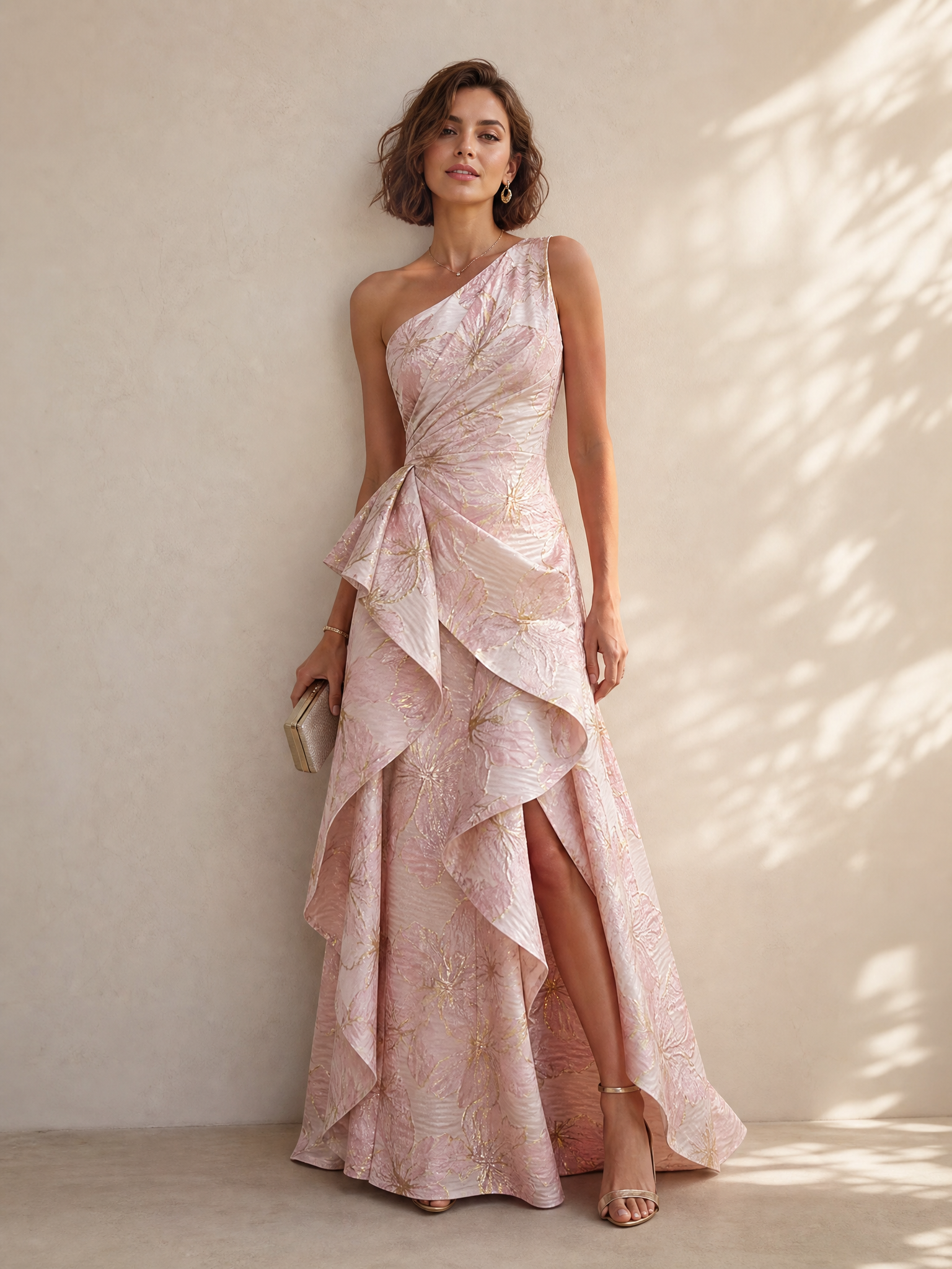 Blush Pink Gold Floral Jacquard One-Shoulder Gown with Cascading Ruffles & High Slit