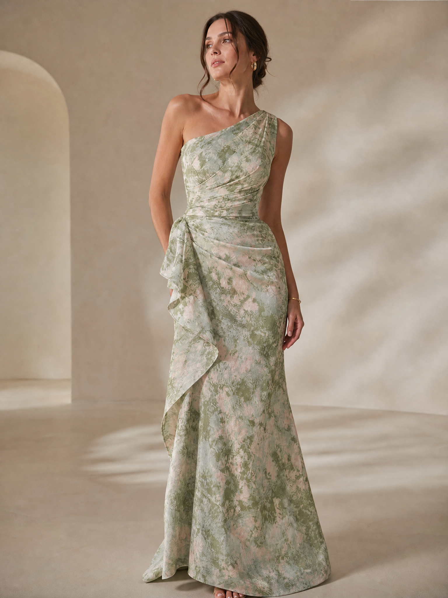 Sage Pink Watercolor Print One-Shoulder Mermaid Gown with Side Ruffle Sash