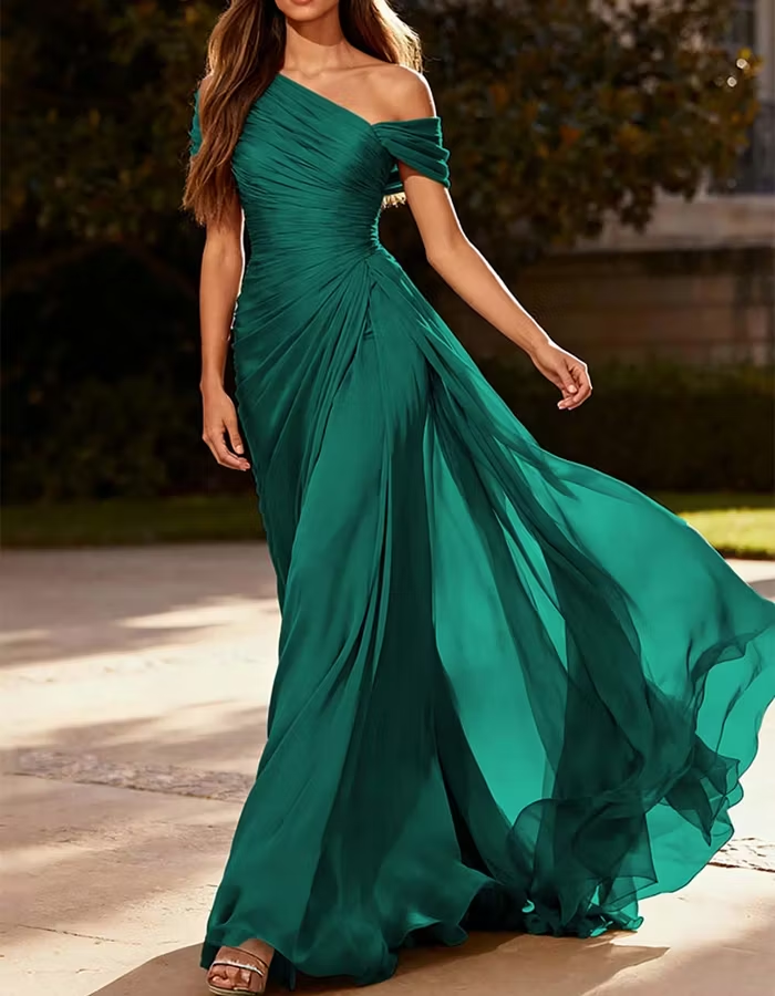 One-Shoulder Pleated Chiffon Maxi Dress