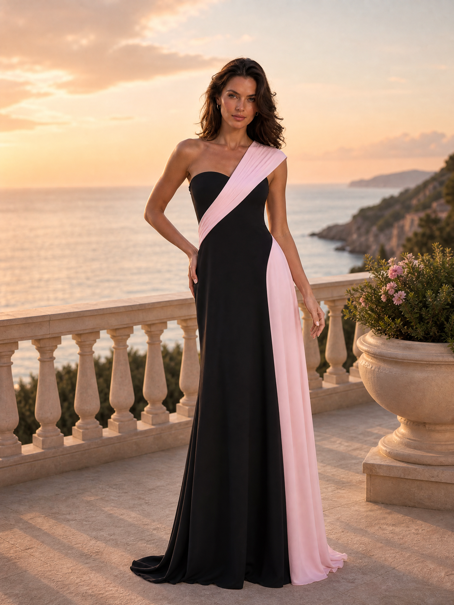 Black Pink Colorblock Pleated One Shoulder Floor Gown