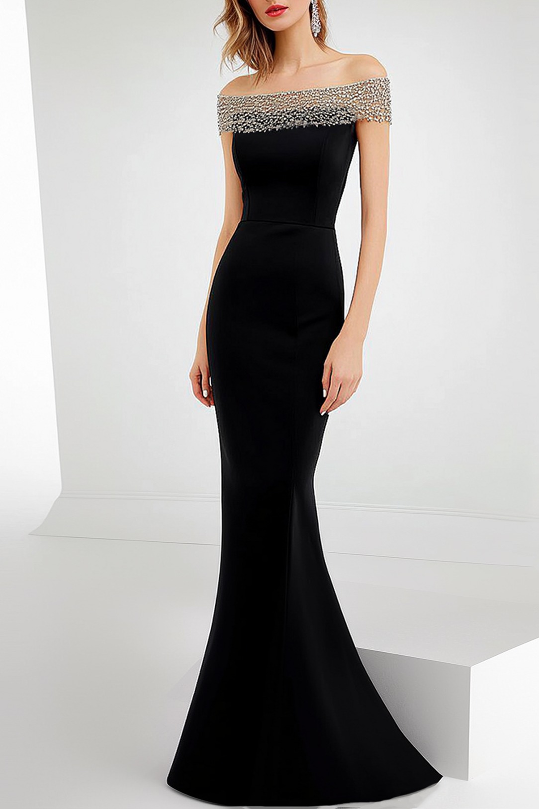 Formal Evening Dress Black Off-The-Shoulder Fitted Mermaid Maxi Gown