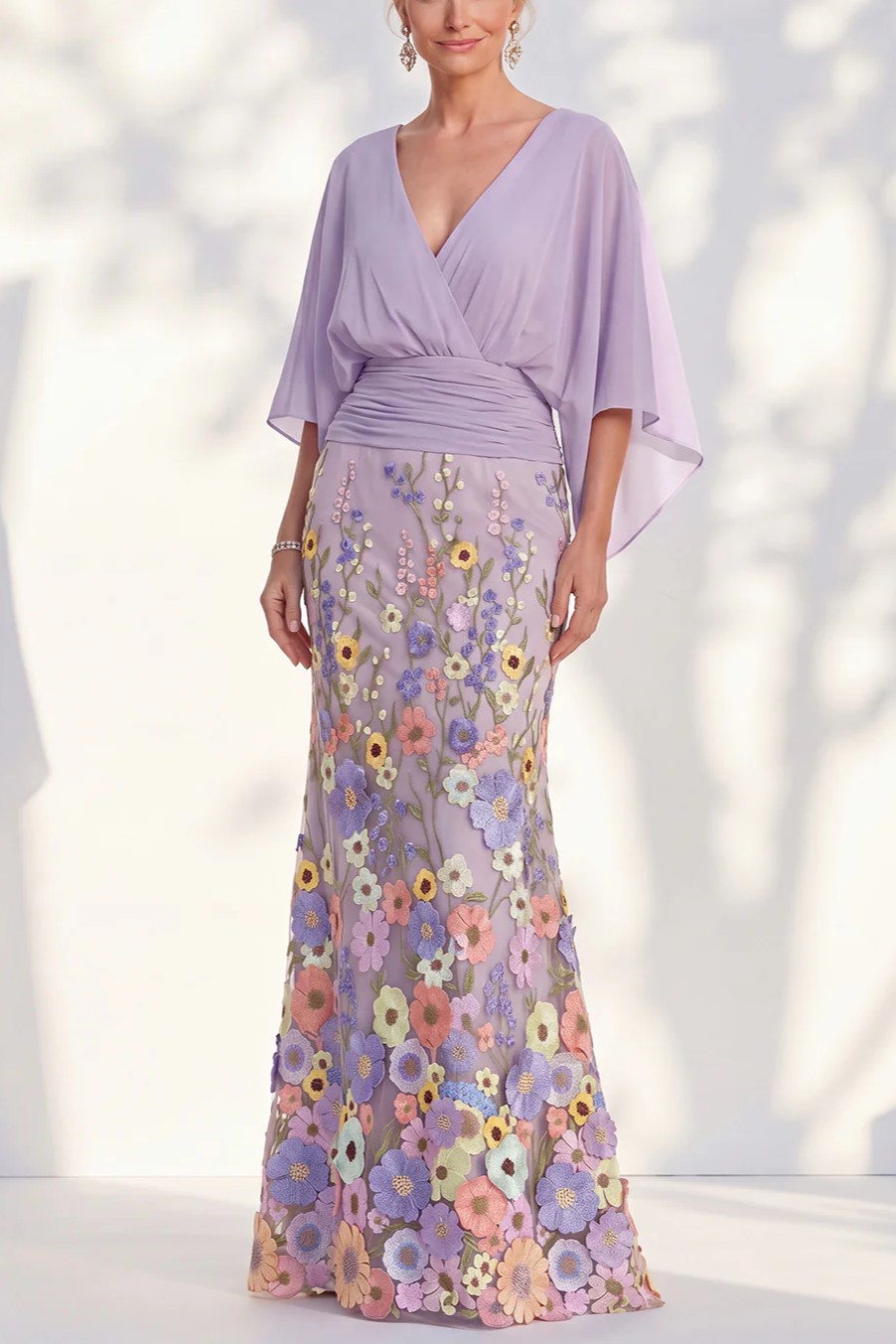 V Neck Cape Sleeve 3D Floral Embellished Mermaid Dress