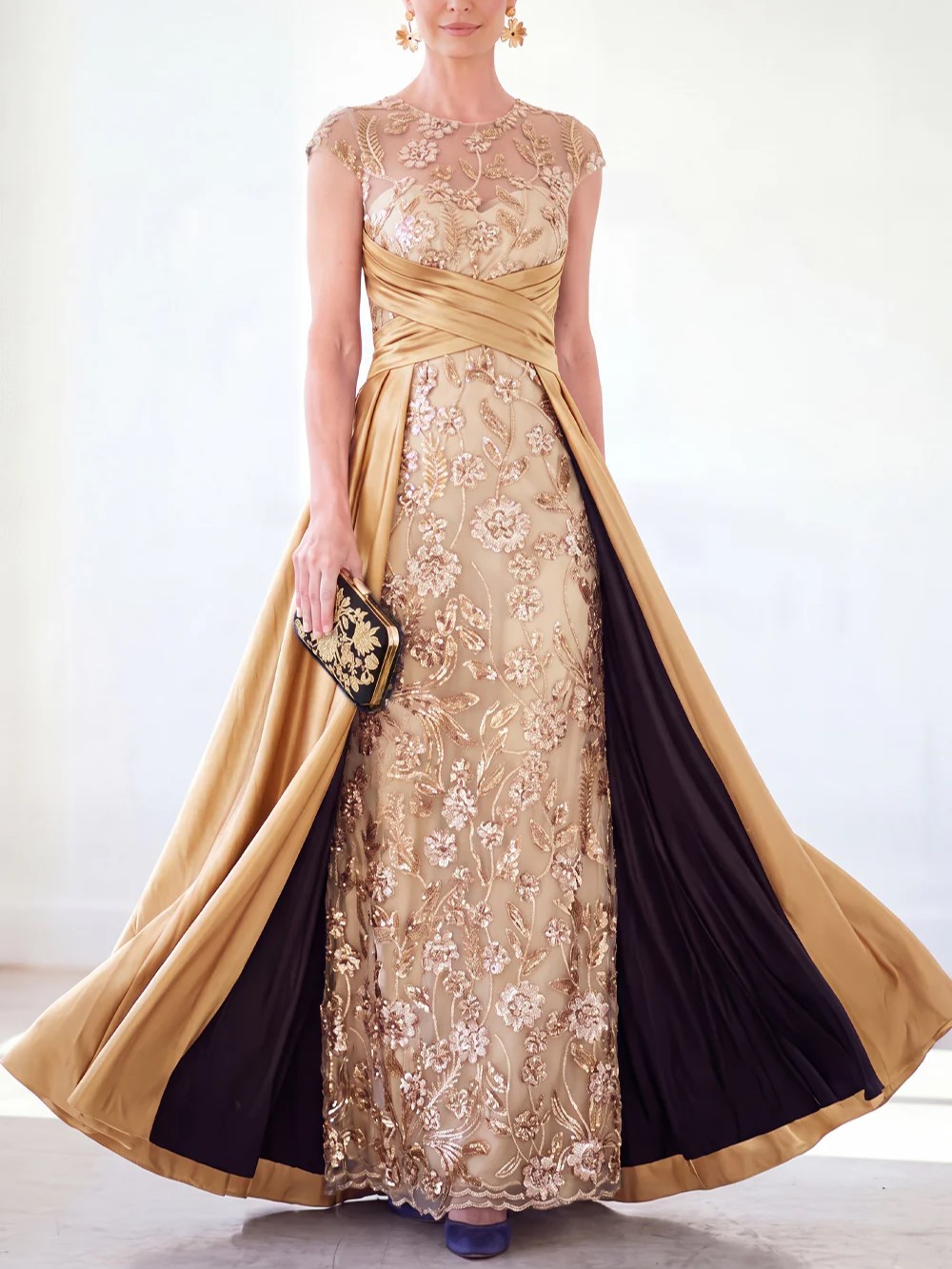 Sparkly Floral Dark Green Ruched Beaded Sheath Maxi Dress