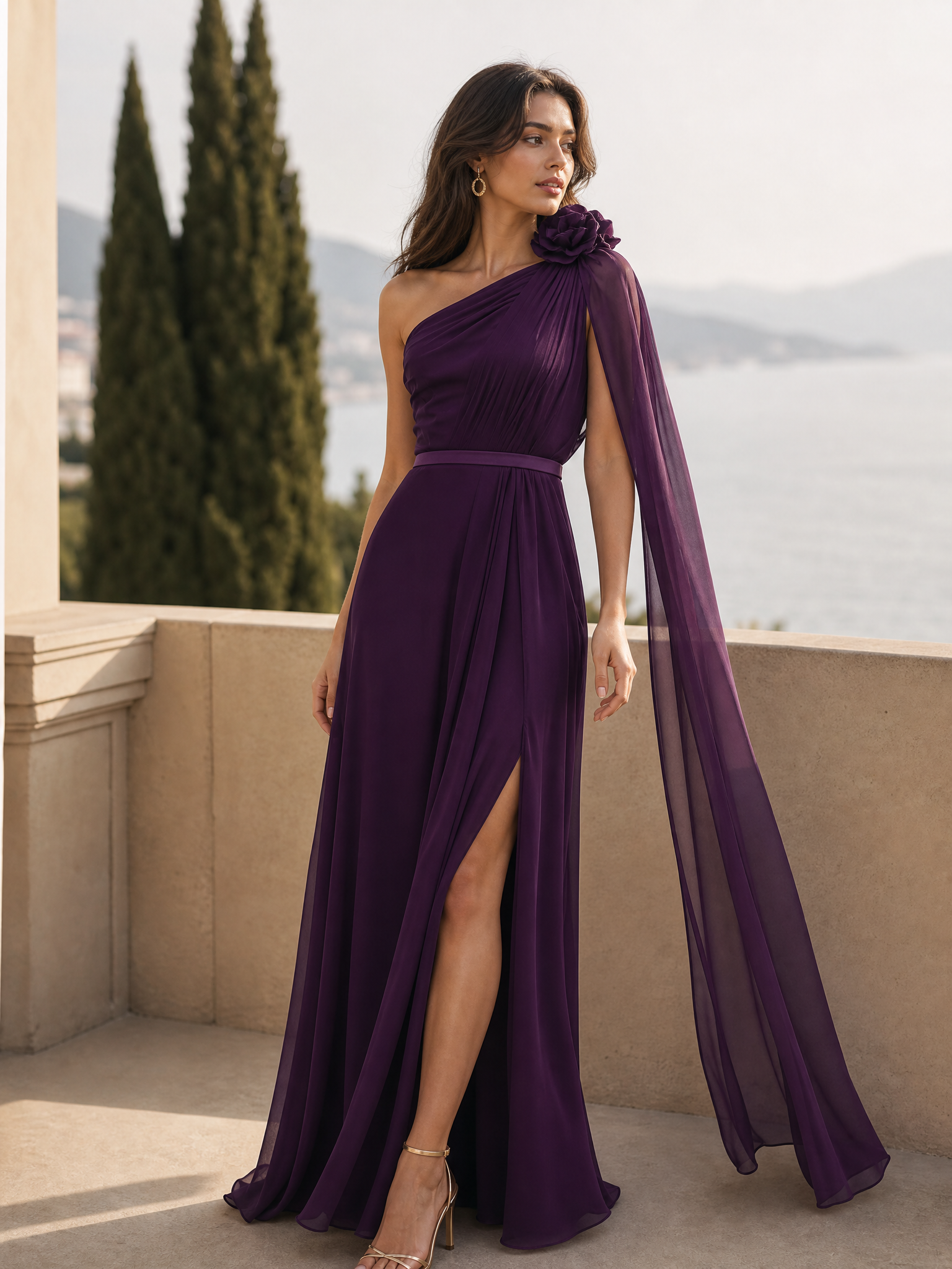 Deep Purple One Shoulder Cape 3D Floral Slit Maxi Dress
