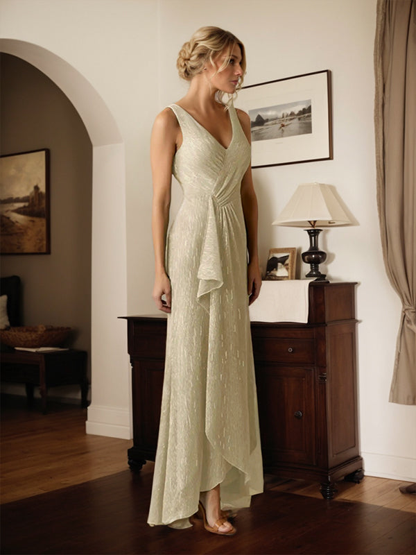 A-Line V-Neck Ruched Metallic Mesh Dress