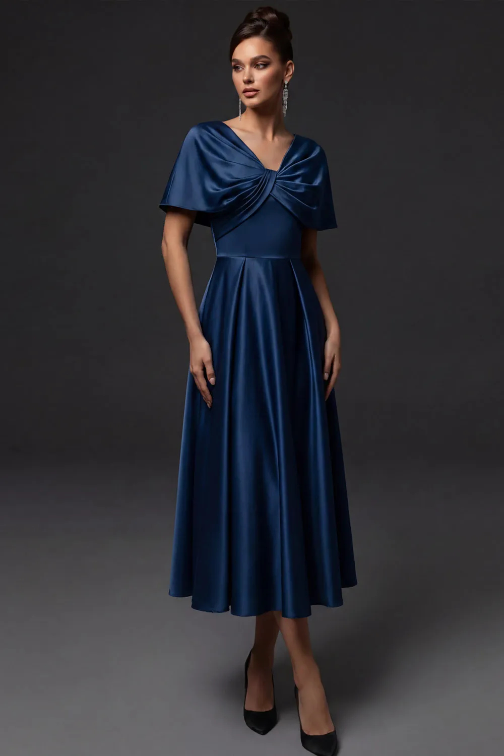Navy V Neck A-Line Satin Midi Dress