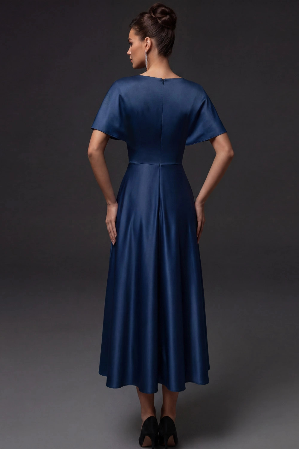Navy V Neck A-Line Satin Midi Dress