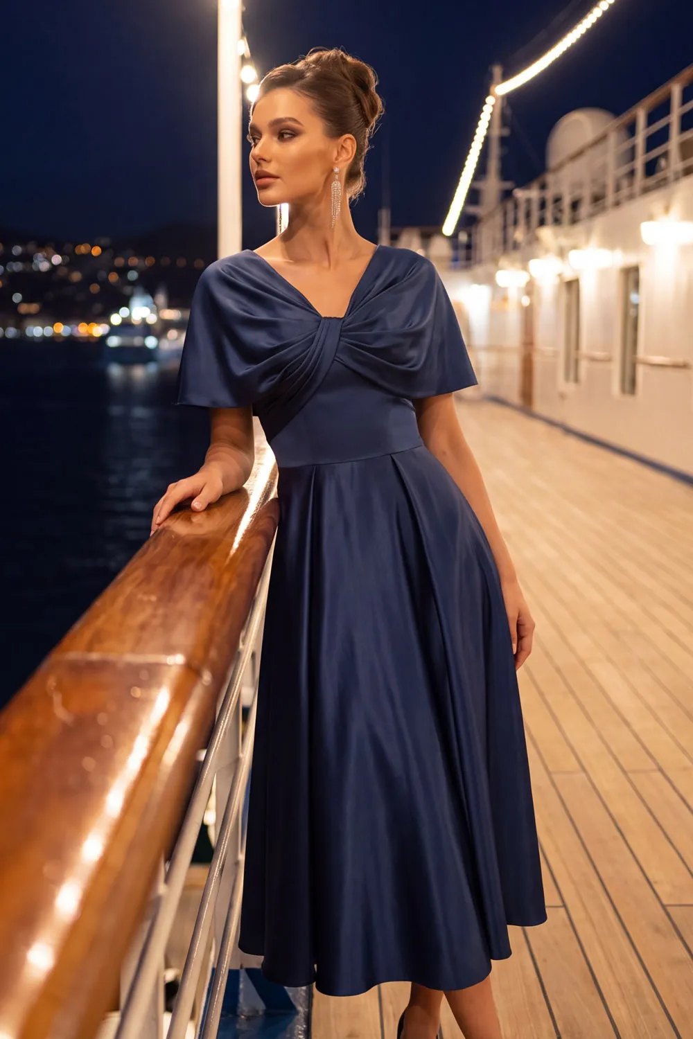 Navy V Neck A-Line Satin Midi Dress