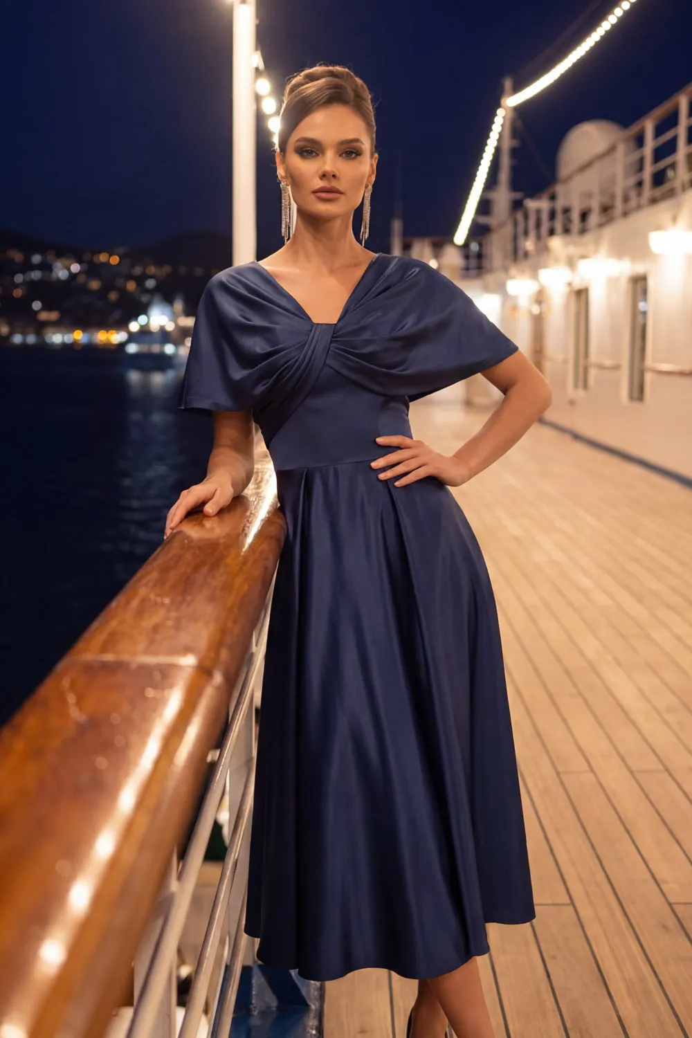 Navy V Neck A-Line Satin Midi Dress