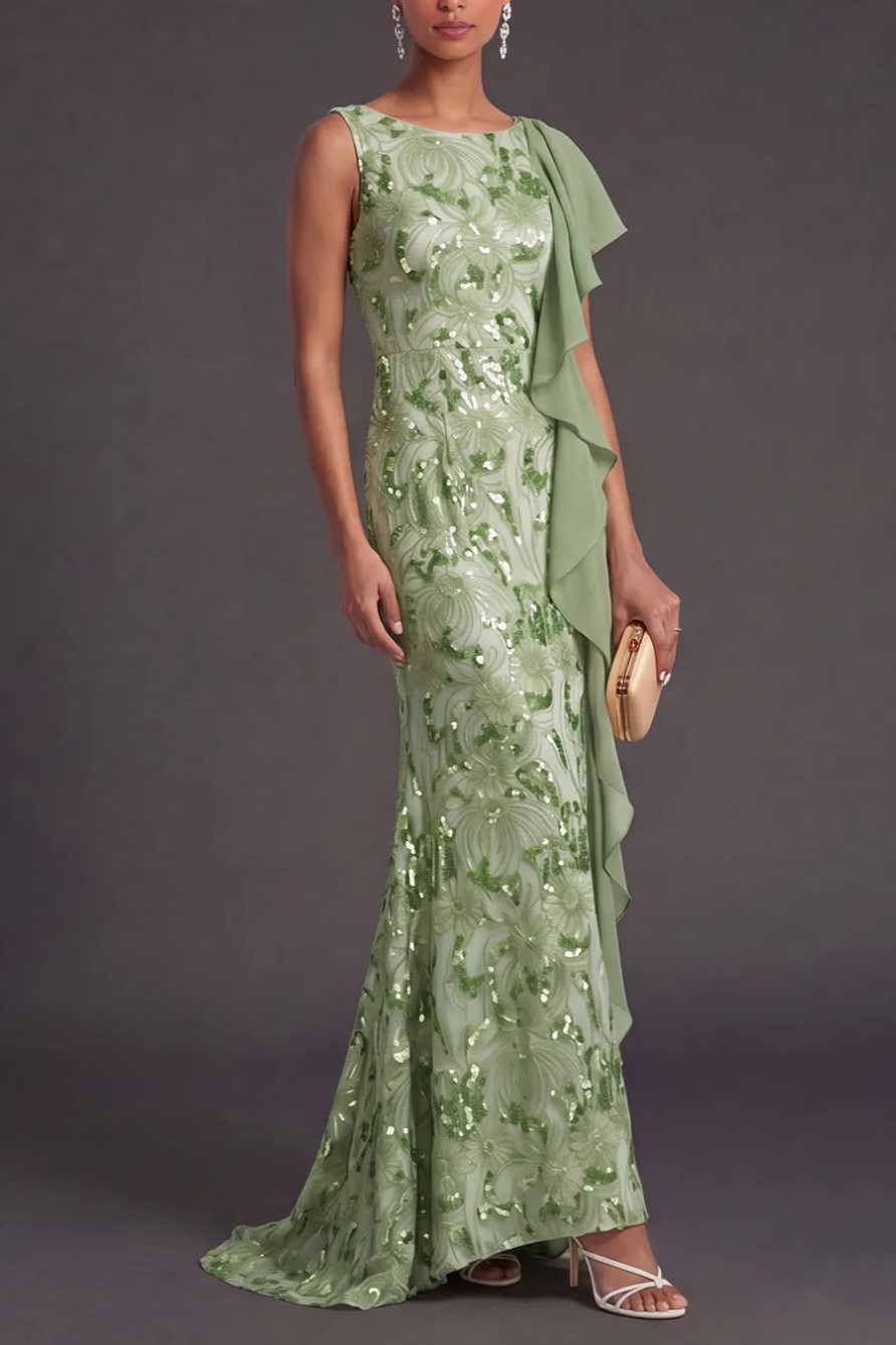 Green Sparkly Sequined Mermaid Boat Neck Maxi Dress