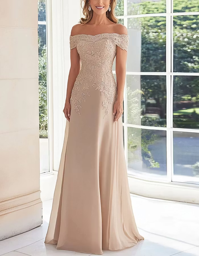 Solid Color Off Shoulder Lace Embroidered Full Maxi Dress