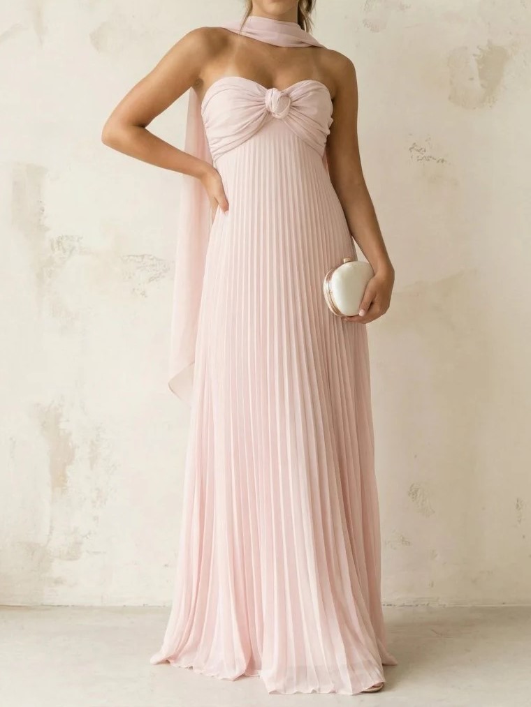 Blush Pink Strapless Knotted Bodice Pleated Maxi Dress