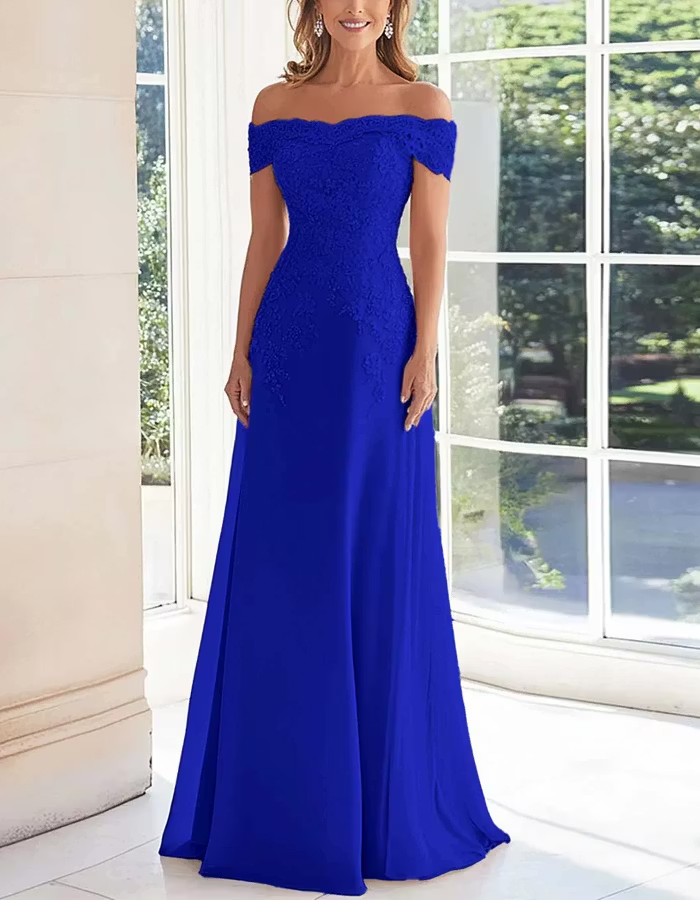 Solid Color Off Shoulder Lace Embroidered Full Maxi Dress