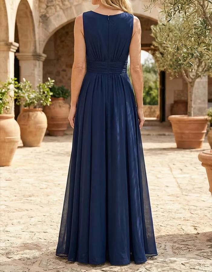 Navy Blue Sleeveless Chiffon Maxi Dress