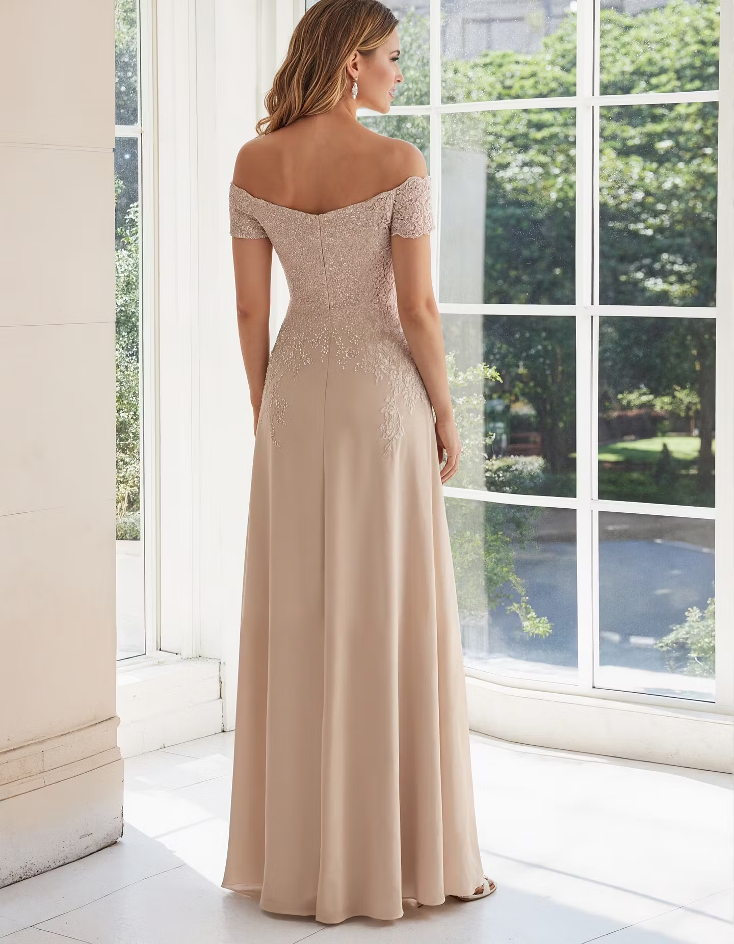 Solid Color Off Shoulder Lace Embroidered Full Maxi Dress