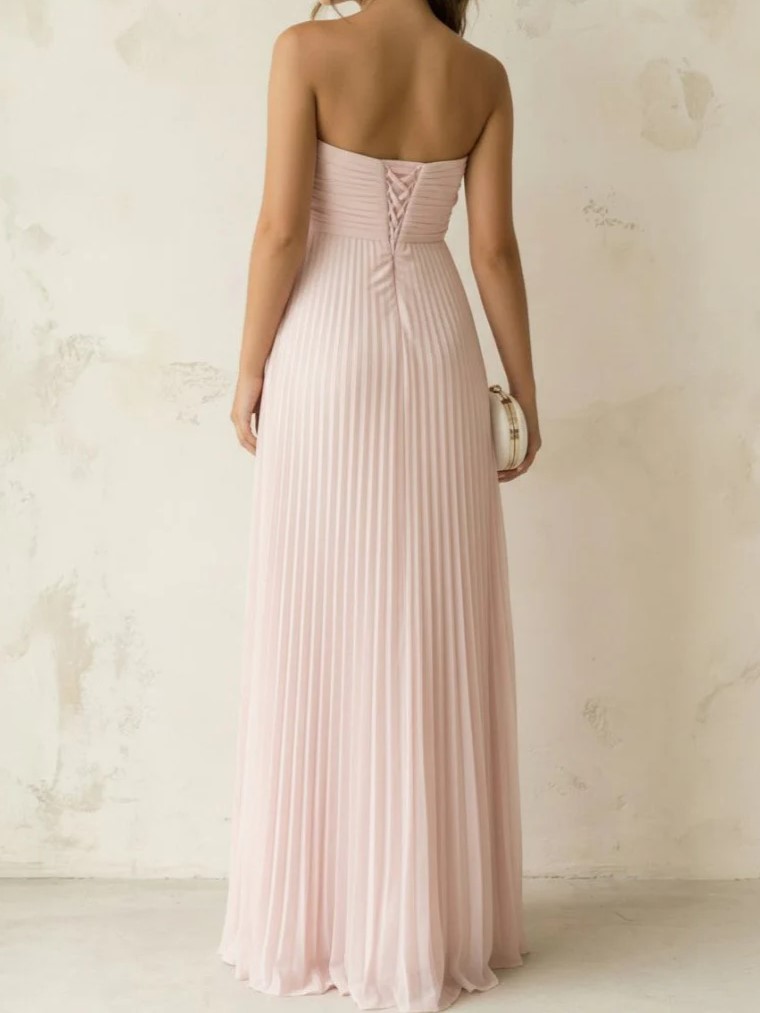 Blush Pink Strapless Knotted Bodice Pleated Maxi Dress