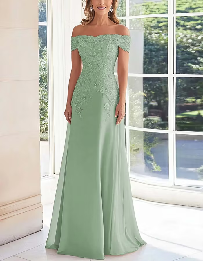 Solid Color Off Shoulder Lace Embroidered Full Maxi Dress