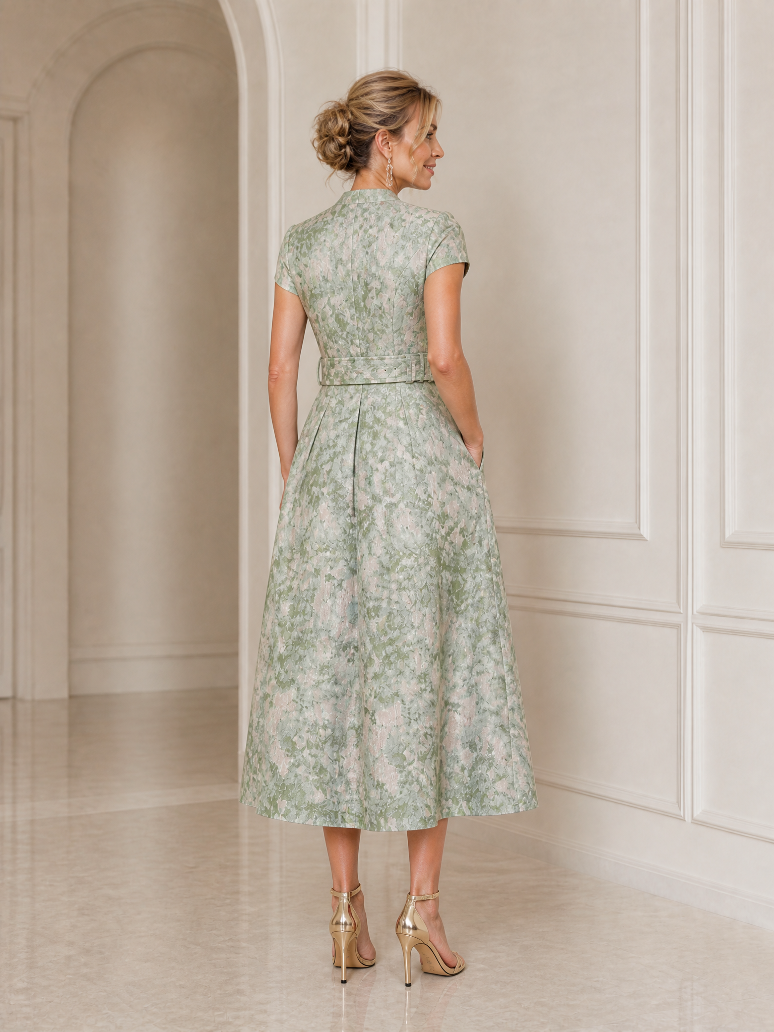 Sage Green Jacquard Stand-Collar Belted Midi Gown Dress with Front Slit