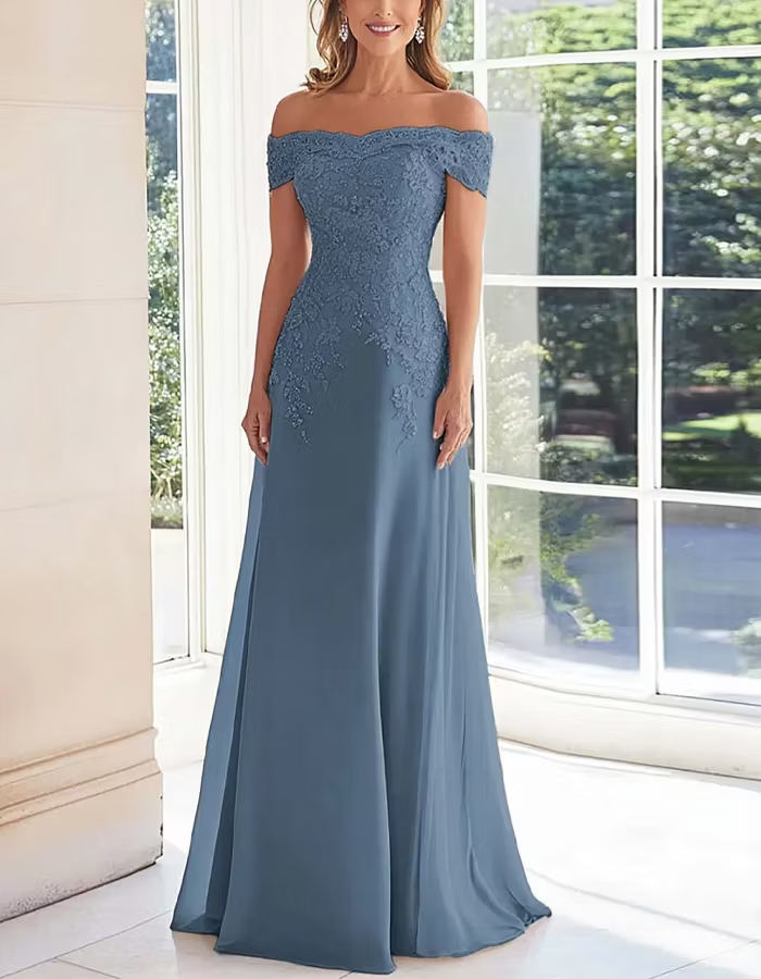 Solid Color Off Shoulder Lace Embroidered Full Maxi Dress