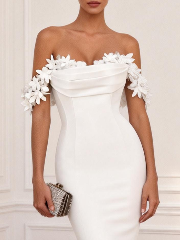 White Off The Shoulder Short Sleeve 3D Floral Ruched Gown Formal Dress