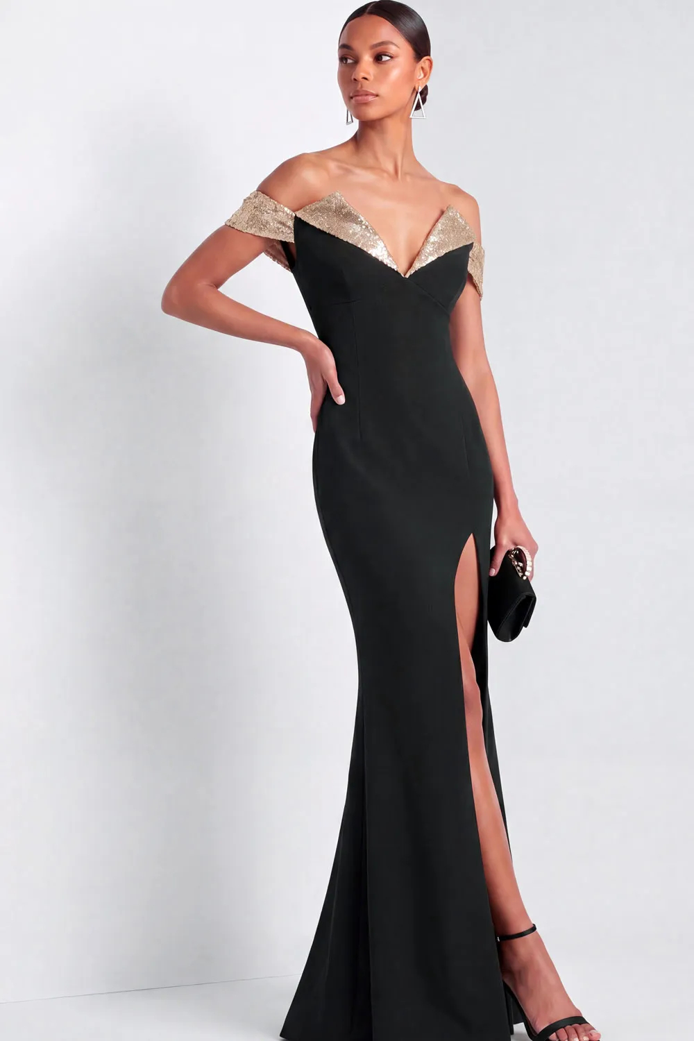 Champagne Sequin Off-Shoulder Mermaid Gown with Slit