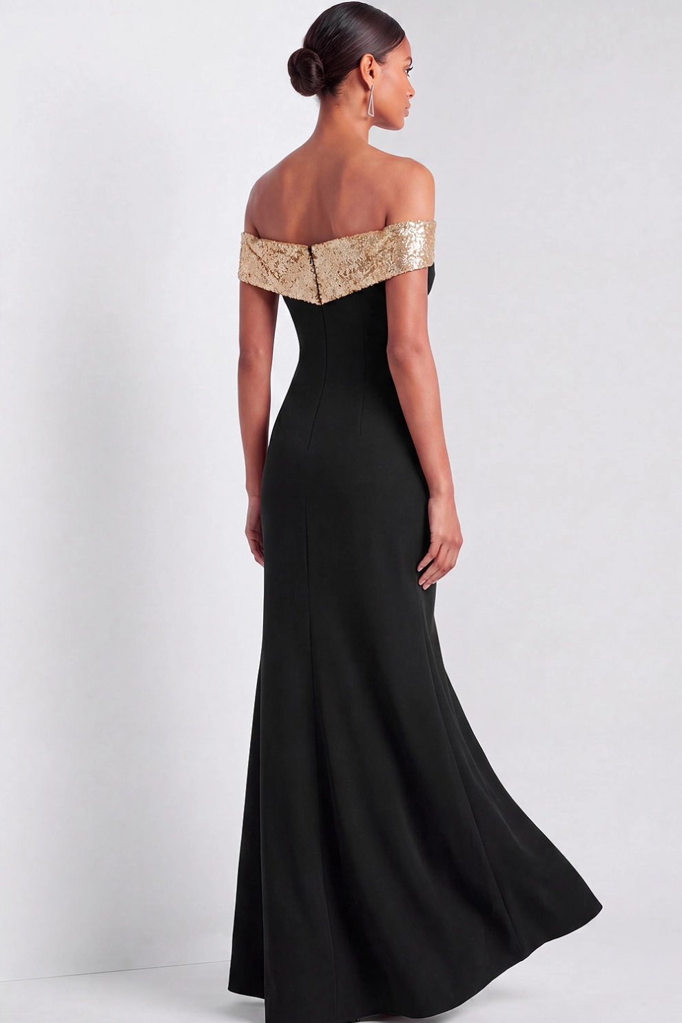 Champagne Sequin Off-Shoulder Mermaid Gown with Slit