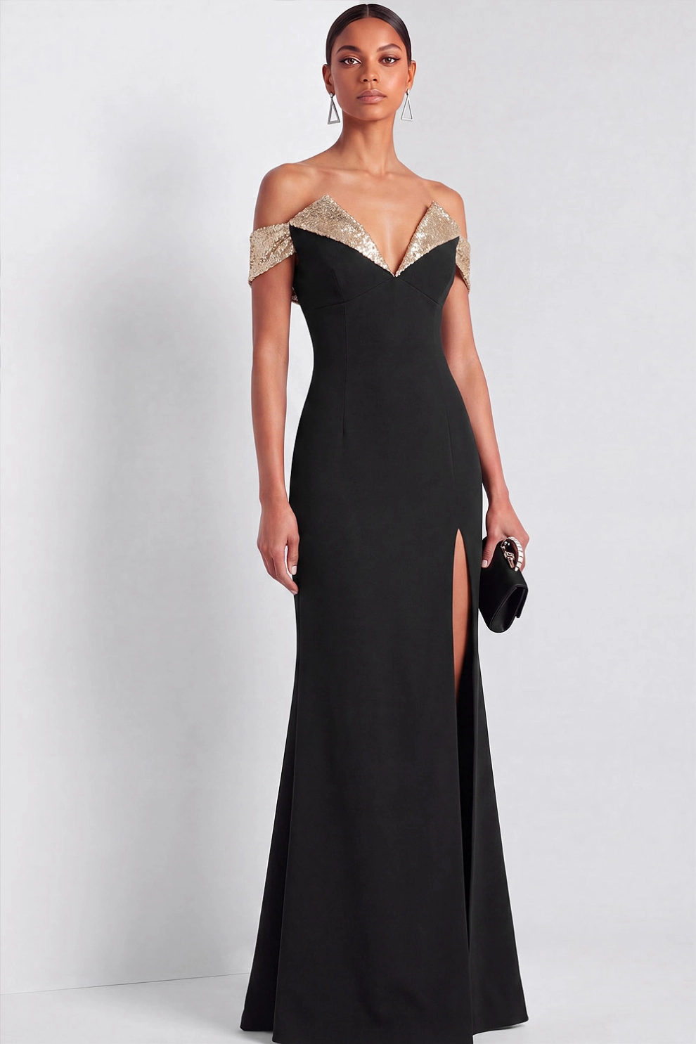 Champagne Sequin Off-Shoulder Mermaid Gown with Slit