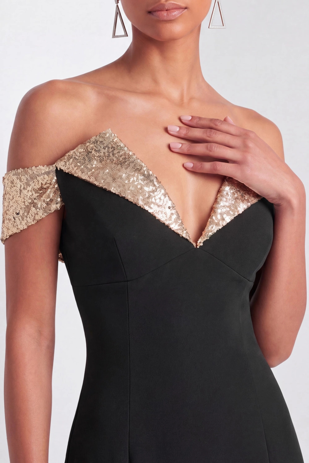 Champagne Sequin Off-Shoulder Mermaid Gown with Slit
