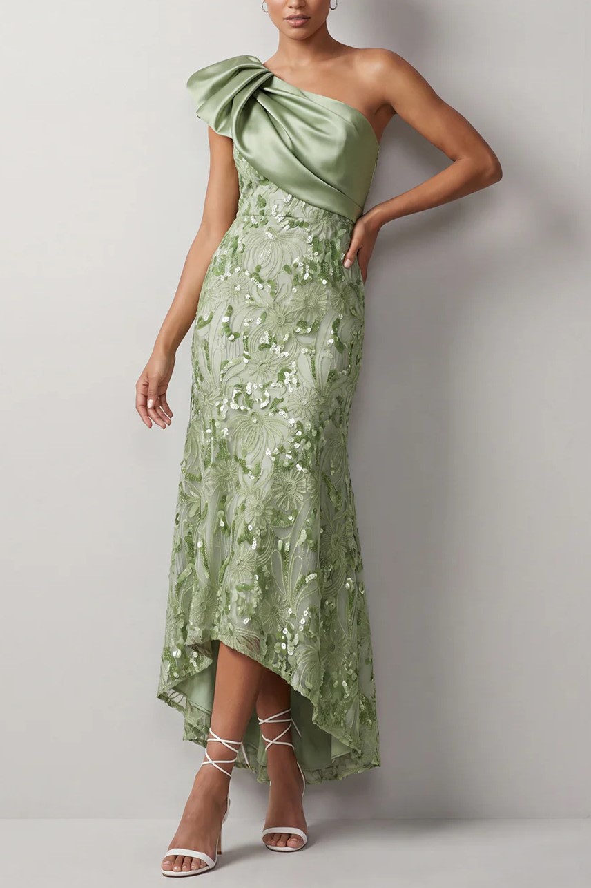 One Shoulder Bow Satin Bodice Sequin Floral High Low Midi Dress