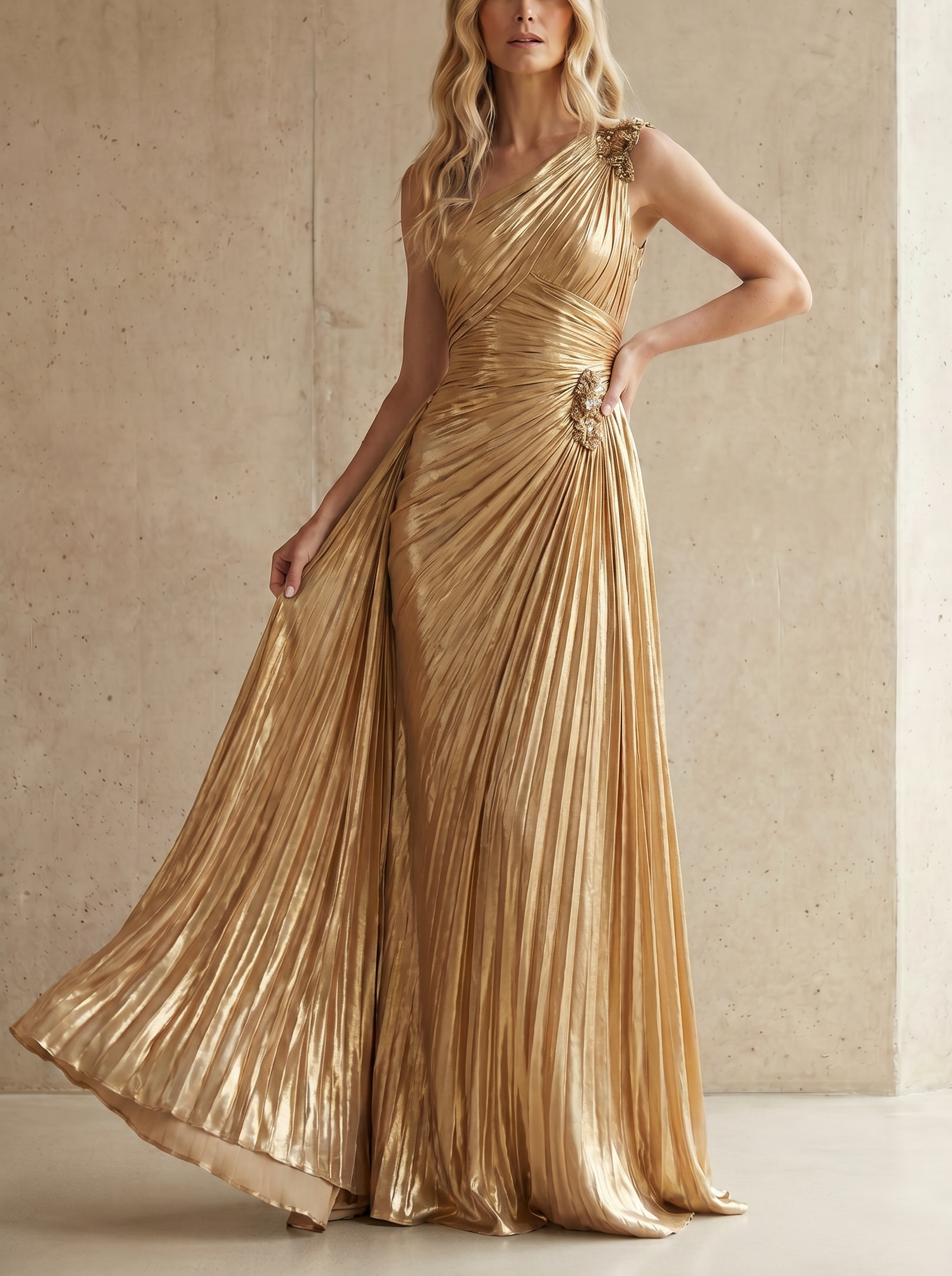 Gold One-Shoulder Beaded Metallic Pleated Maxi Dress