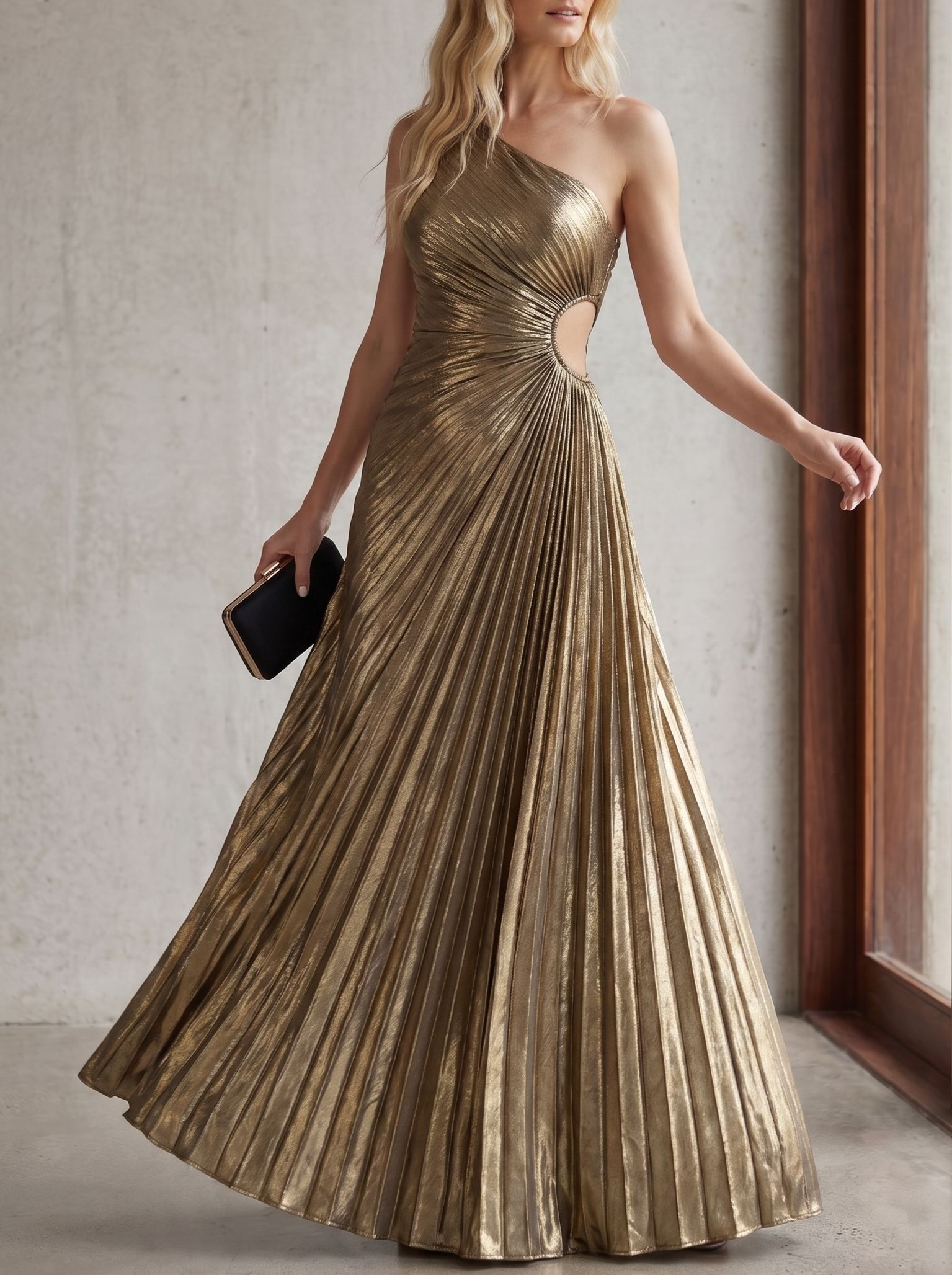 Gold One-Shoulder Cutout Metallic Pleated Maxi Dress