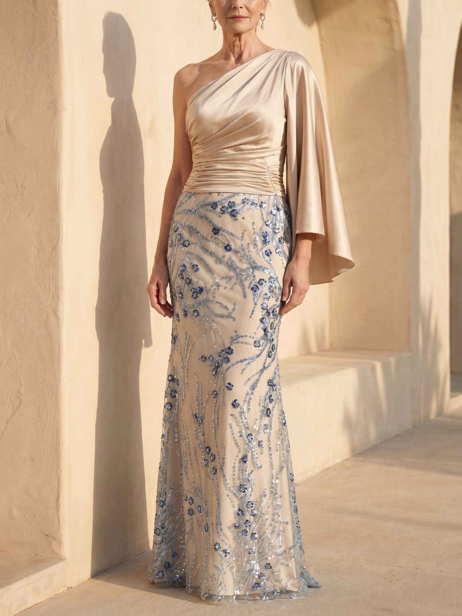 Champagne One-Shoulder Cape Sleeve Satin & Sequin Mermaid Gown