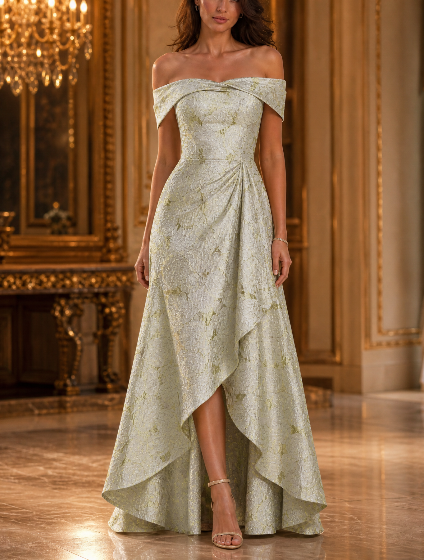 Sage Green Off-the-Shoulder Jacquard High-Low Mermaid Gown