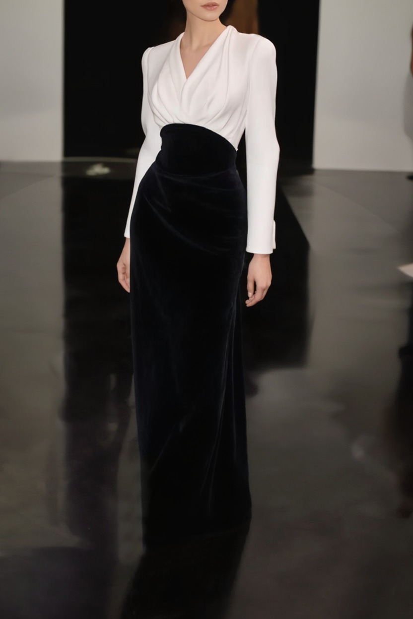 Formal Evening Dress Black White V Neck Maxi Velvet Dress