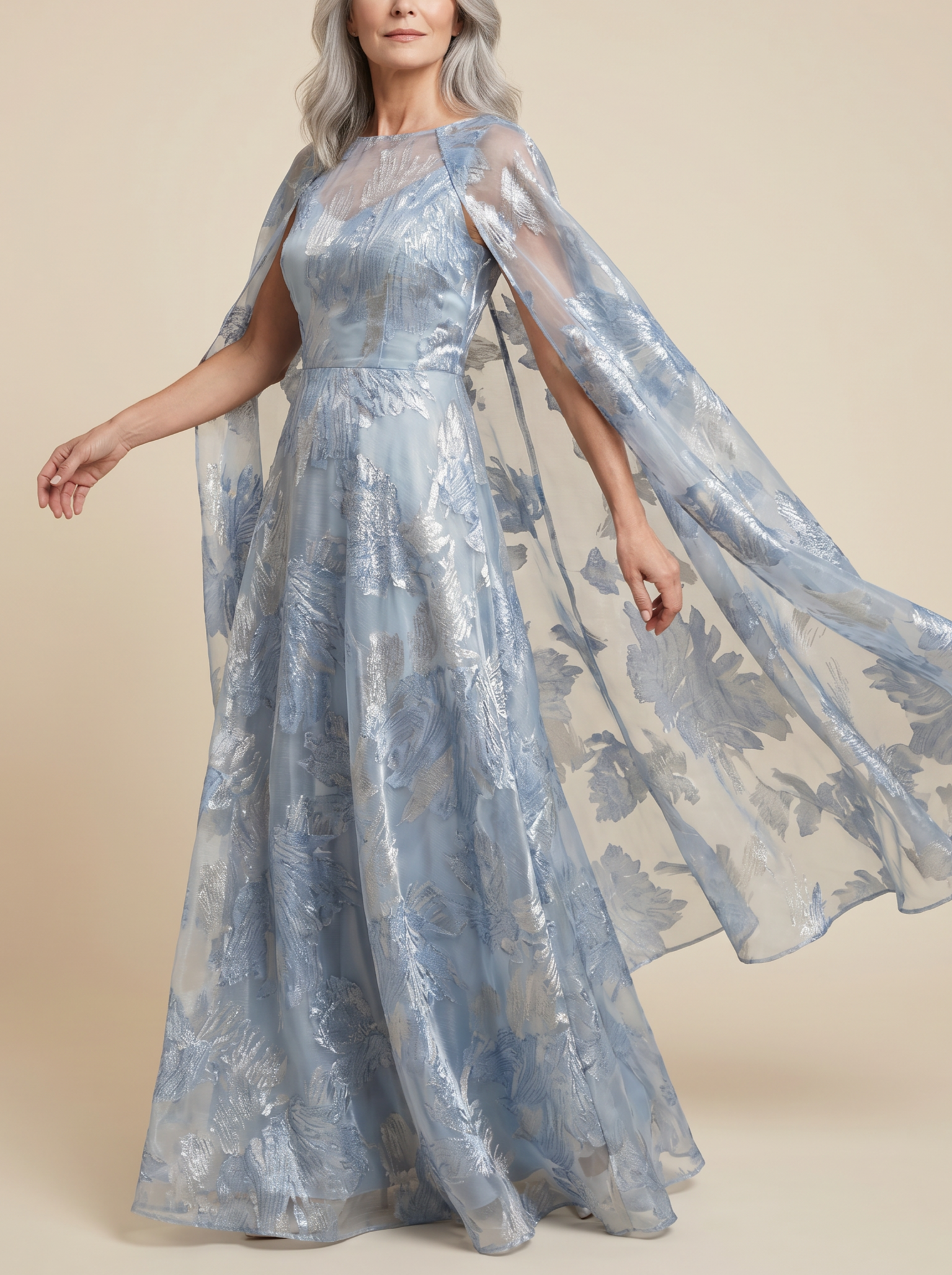 Dusty Blue Floral Jacquard A-Line Gown with Sheer Cape Overlay