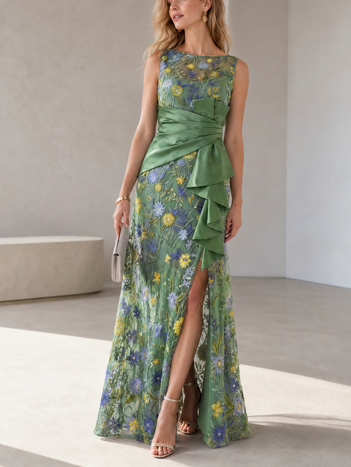 Green Floral Embroidery Sleeveless Gown with Satin Wrap Waist & Side Slit