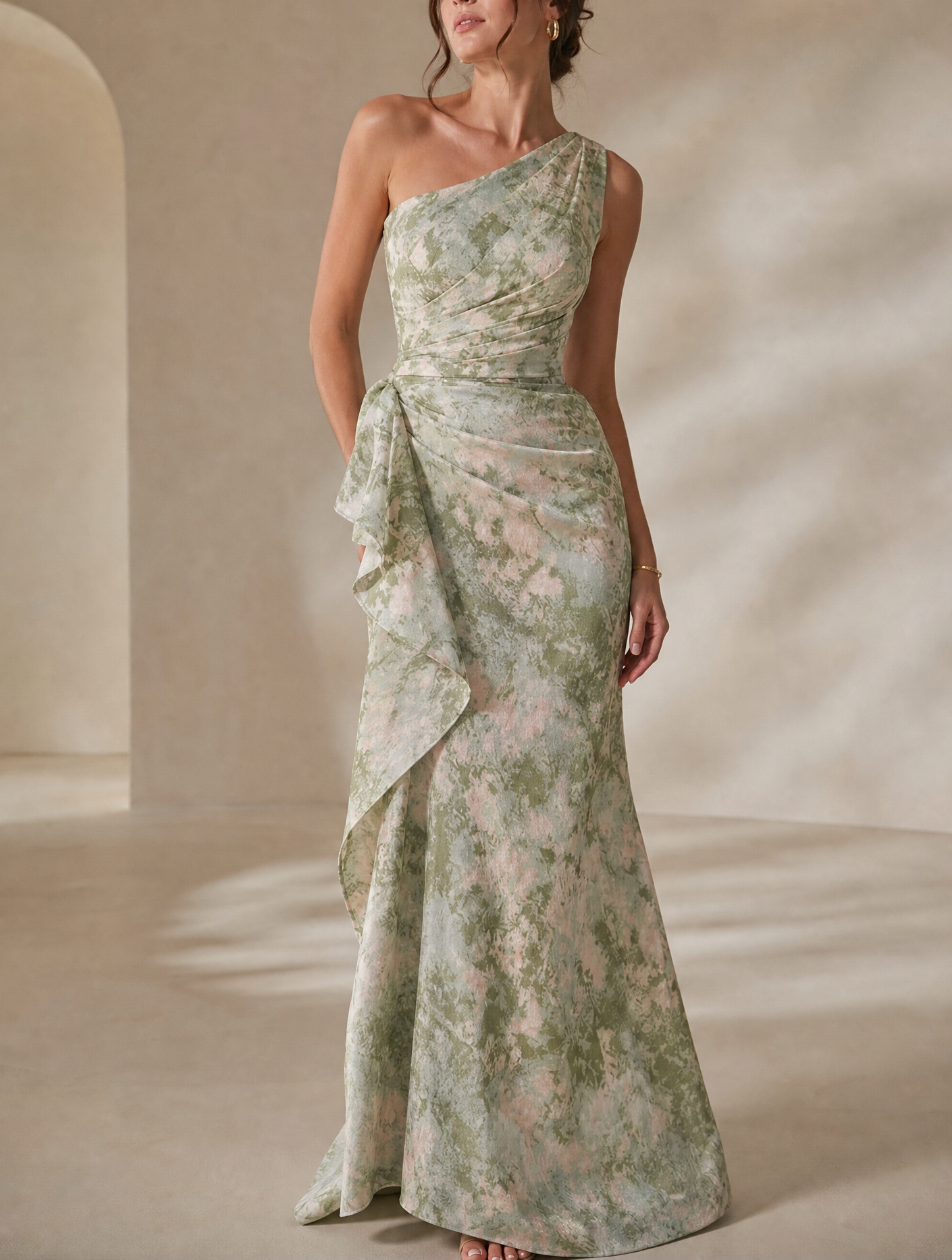 Sage Pink Watercolor Print One-Shoulder Mermaid Gown with Side Ruffle Sash