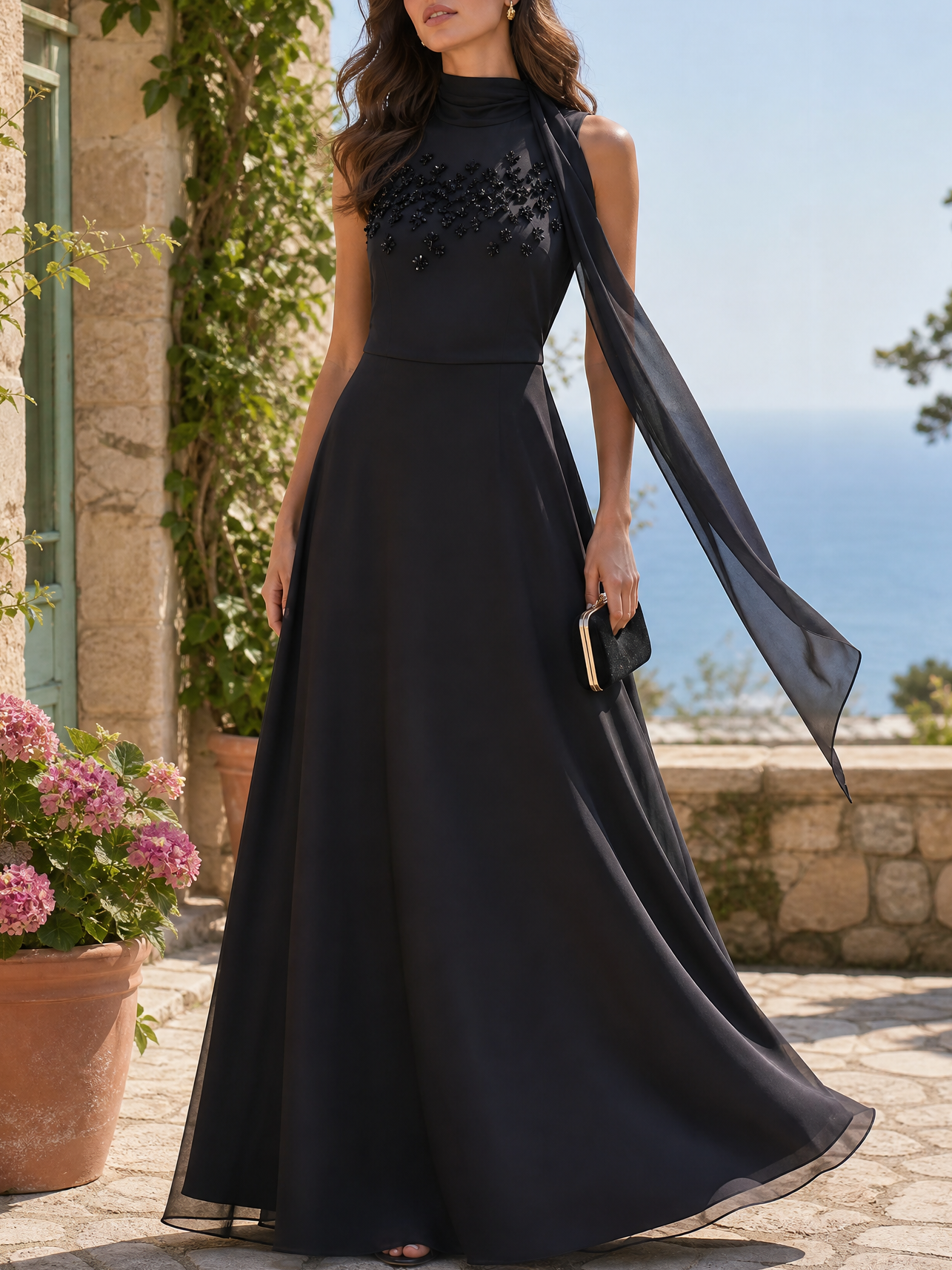 Black High Neck Sleeveless Beaded Chiffon Floor Length Gown