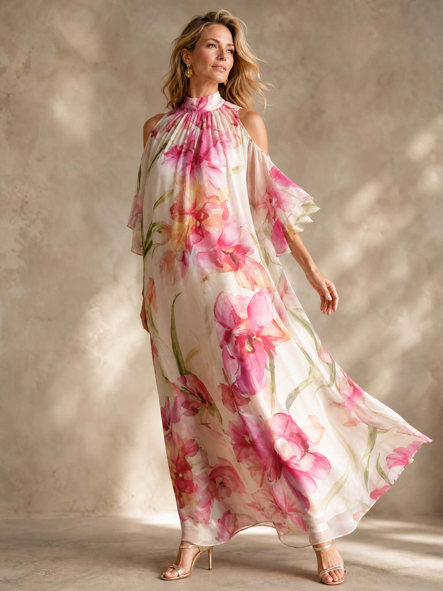 Ethereal Pink Floral Cold-Shoulder Halter Chiffon A-Line Maxi Gown Dress