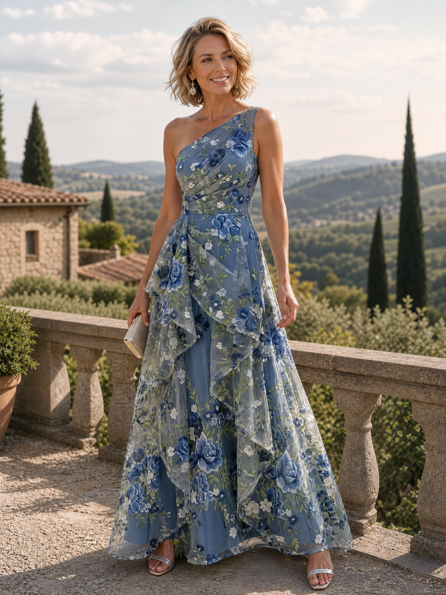 Dusty Blue Floral One-Shoulder Asymmetrical Ruffle Maxi Gown Dress