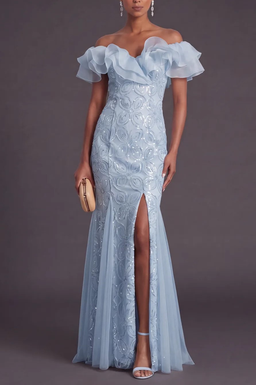Sparkly Floral Off the Shoulder Mermaid Slit Maxi Dress