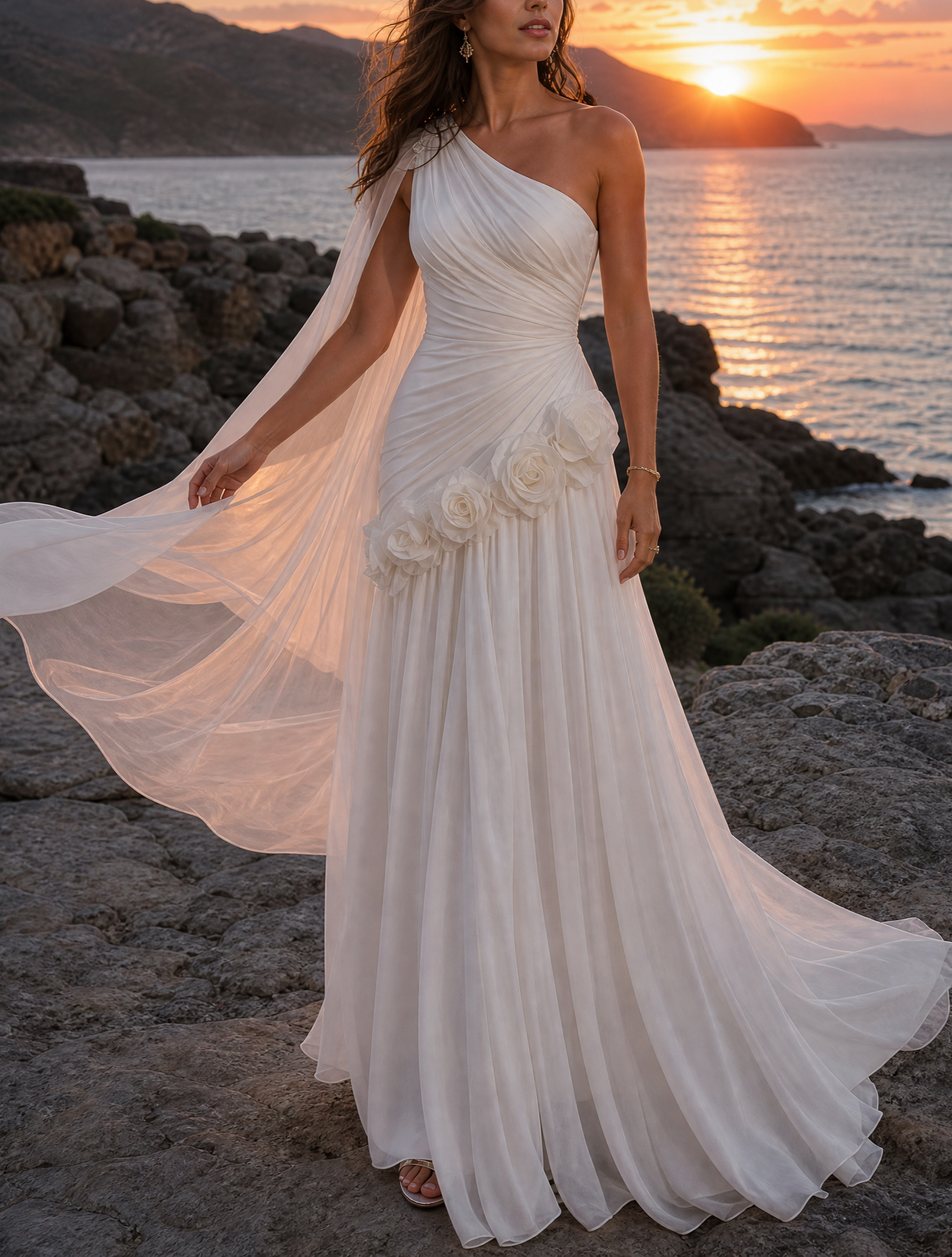 Ivory One Shoulder Cape Drape 3D Floral Maxi Dress