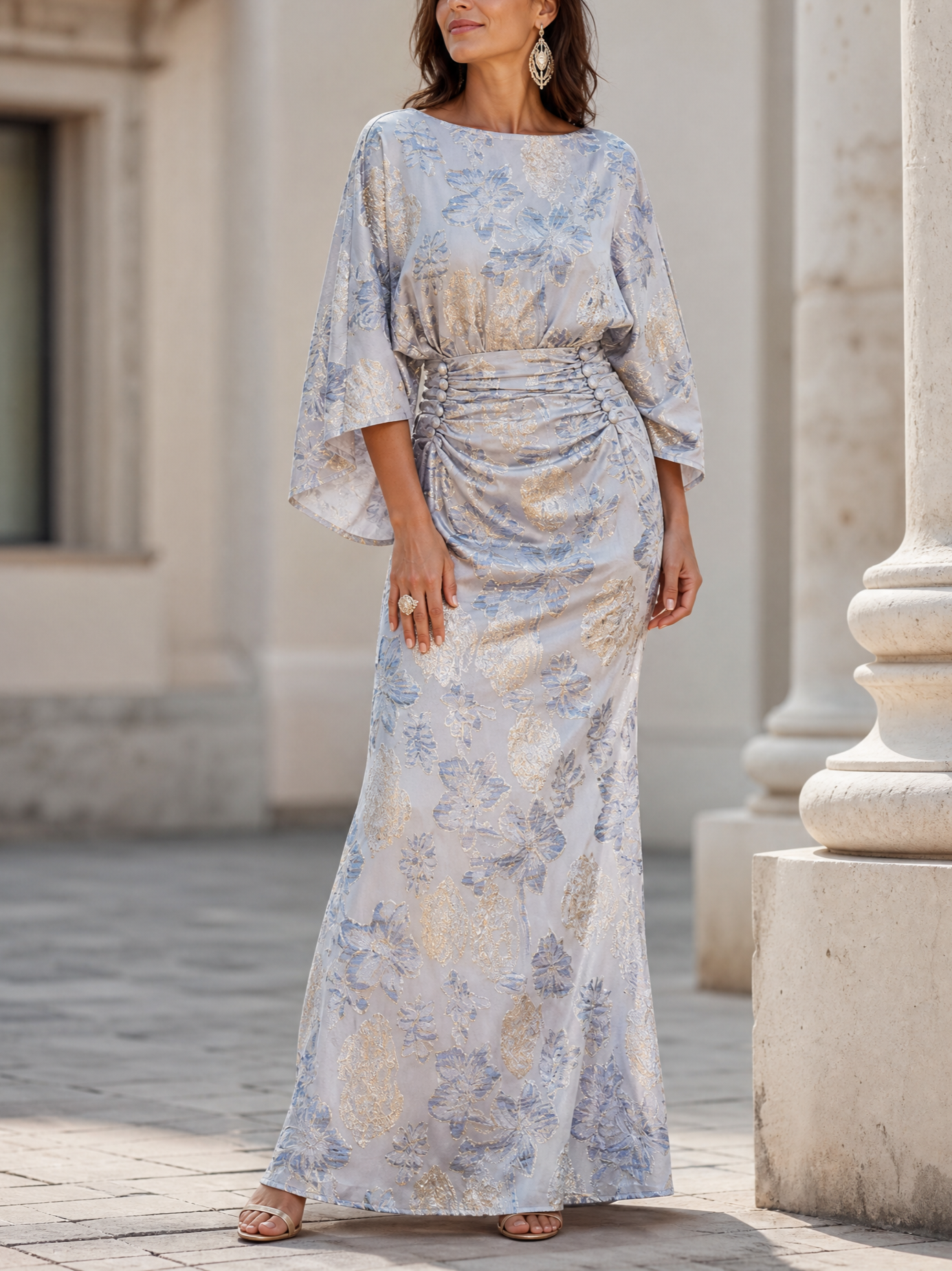 Silver Floral Print Boat Neck Cape Sleeve Ruched Maxi Dress
