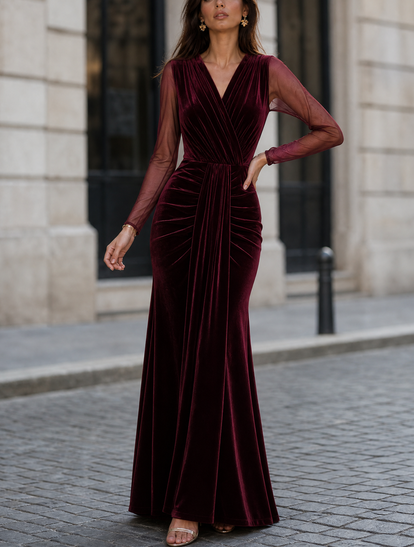 Burgundy Velvet Mesh Sleeve Wrap Ruched Mermaid Maxi Dress