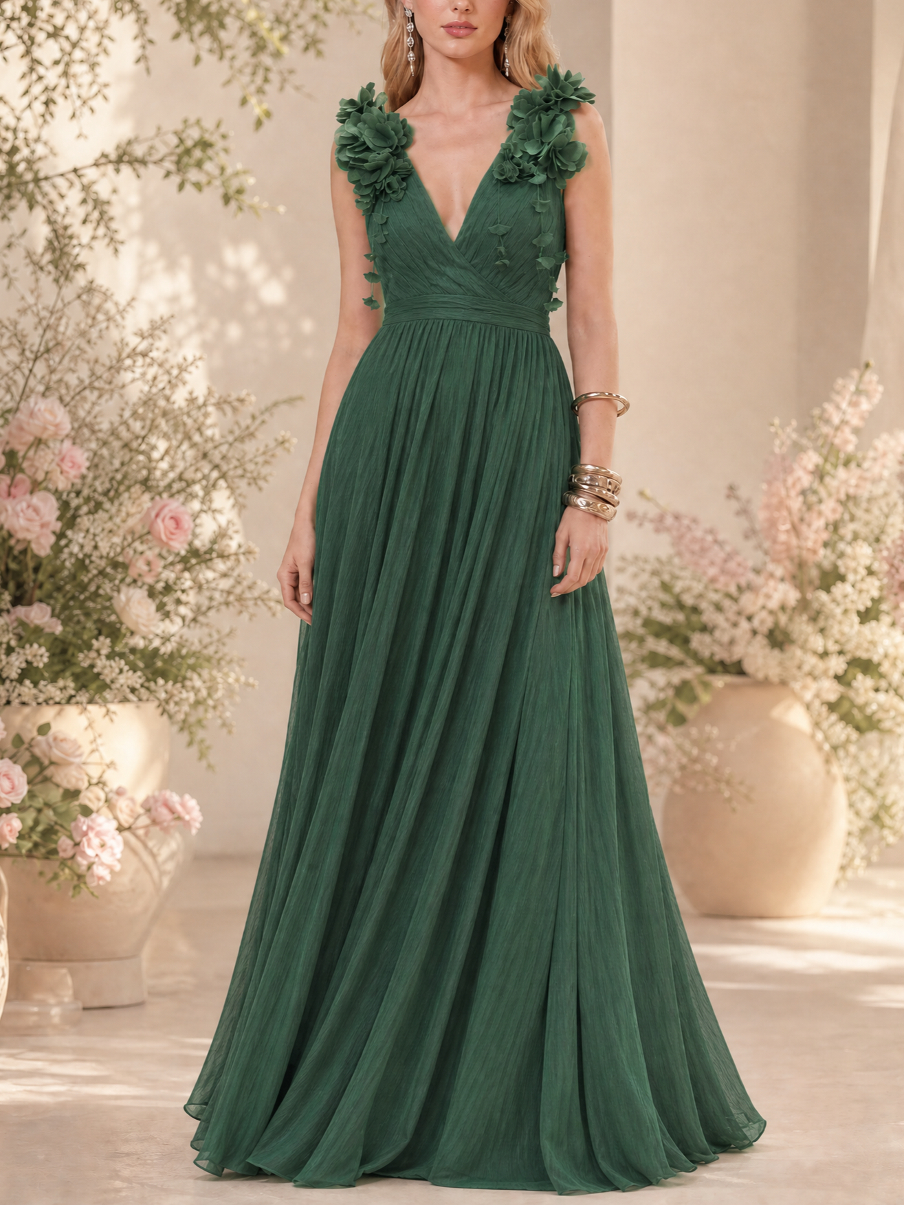 Dark Green V Neck 3D Floral Strap Flowy Maxi Dress